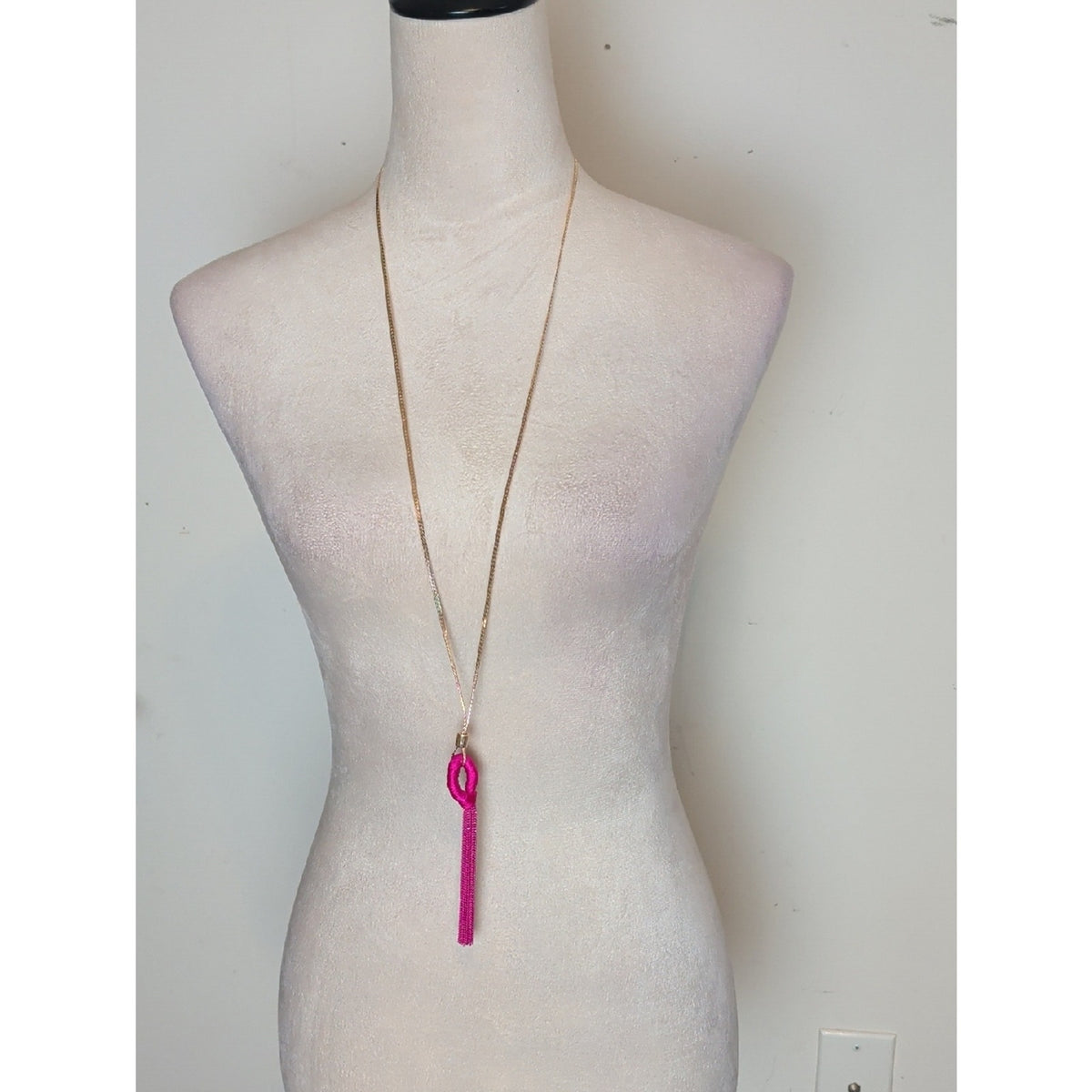 Y2K Hot Pink Tassel Necklace Barbiecore Long Pendant With Rhinestones