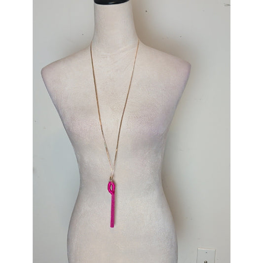 Y2K Hot Pink Tassel Necklace Barbiecore Long Pendant With Rhinestones