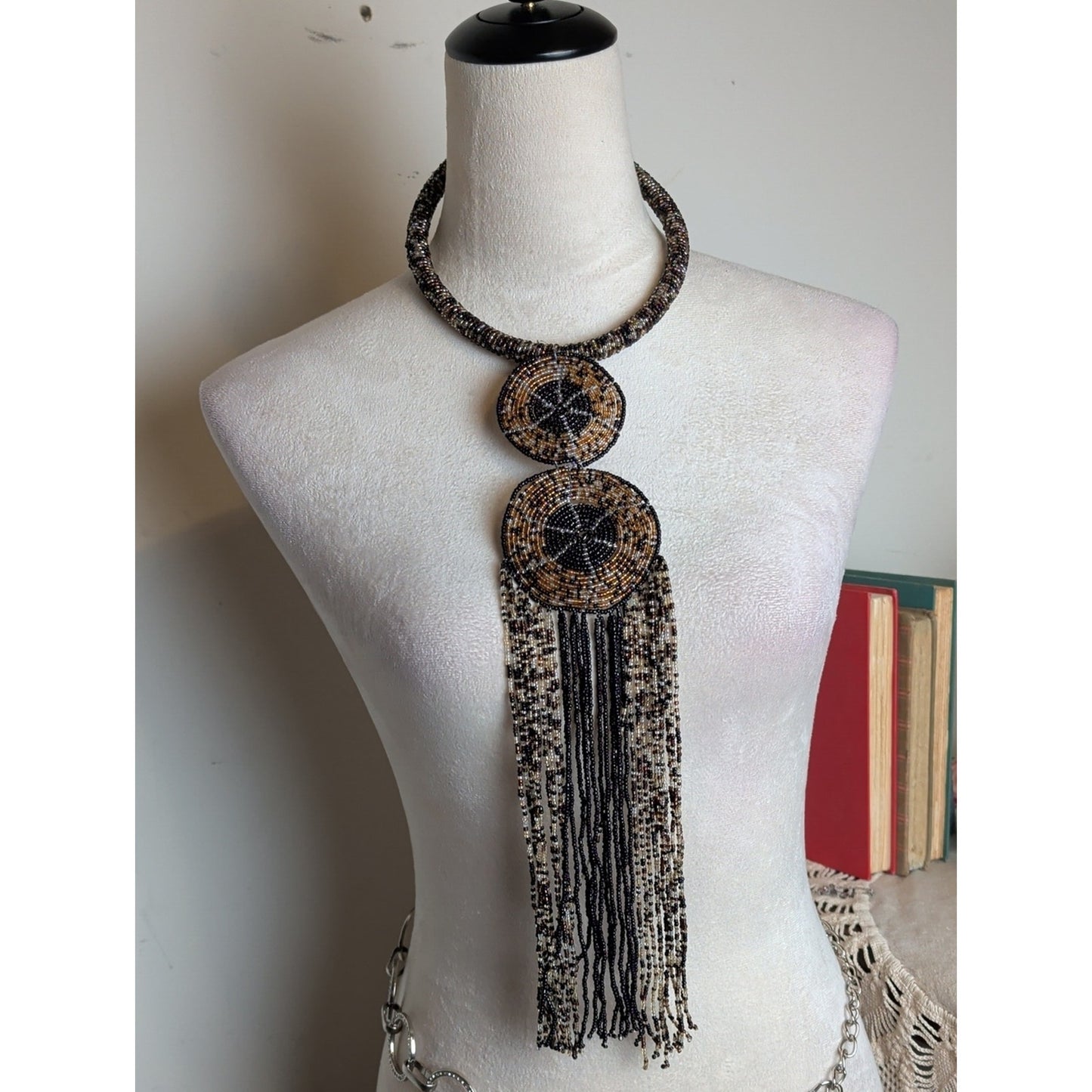 Handcrafted Beaded Fringe Statement Necklace Tribal Boho Luxe Wearable Art