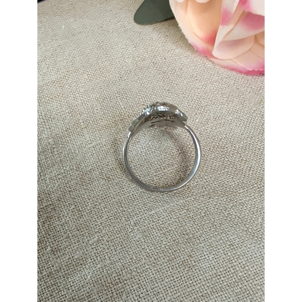 Whimsigoth Unique Vintage Rose Ring Rhinestones Silvertone Size 7.75