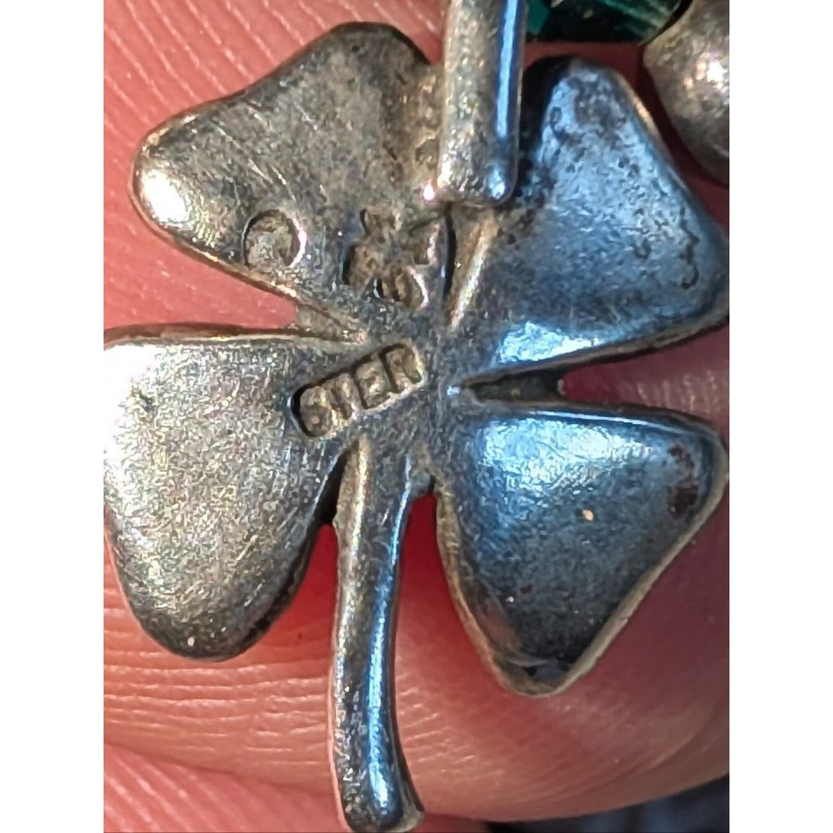 Vintage Sterling Silver Four Leaf Clover Necklace Emerald Green Glass Beads