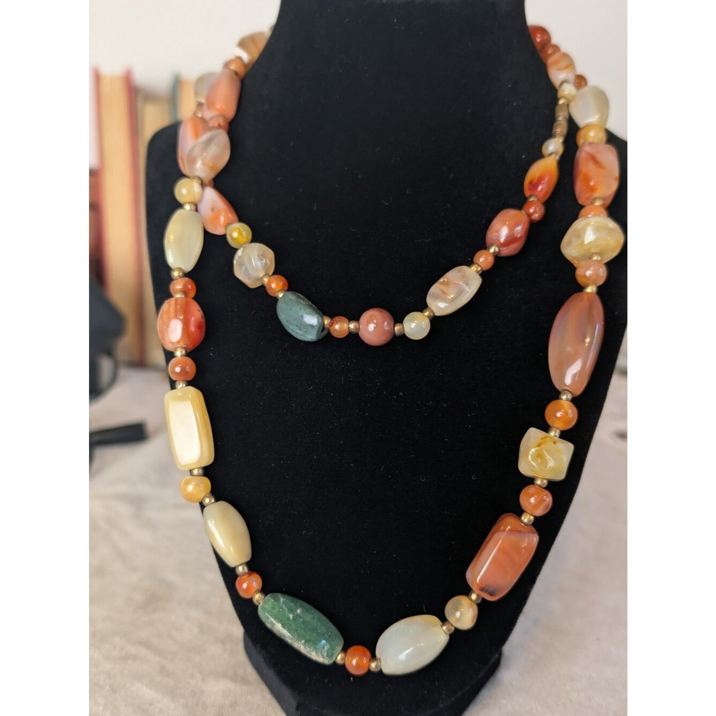 Vintage Natural Stone Beaded Necklace 19" Artisan Agate Aventurine Barrel Clasp