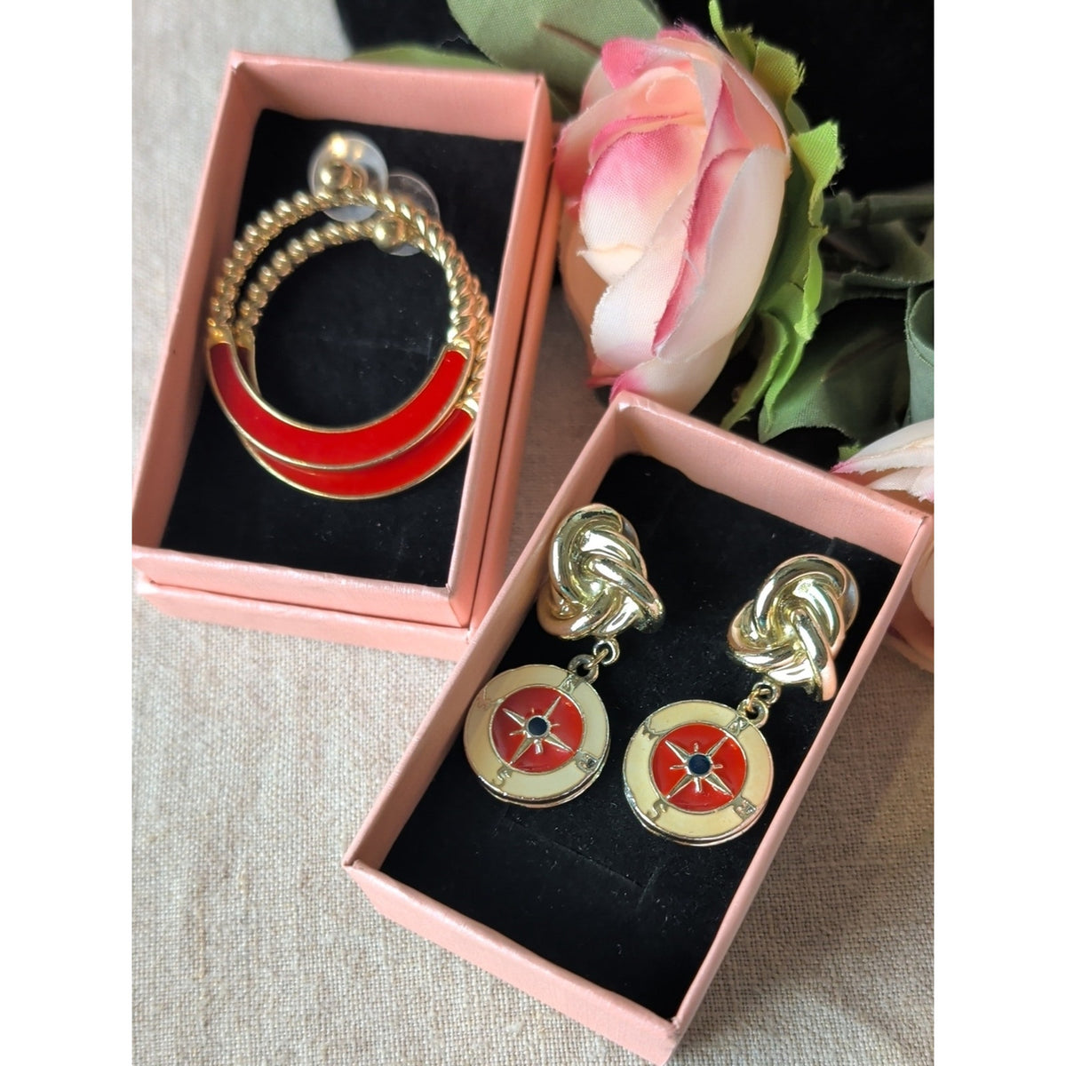Vintage Gold Tone Nautical Compass Earrings Enamel Love Knot Dangle & Hoop Set
