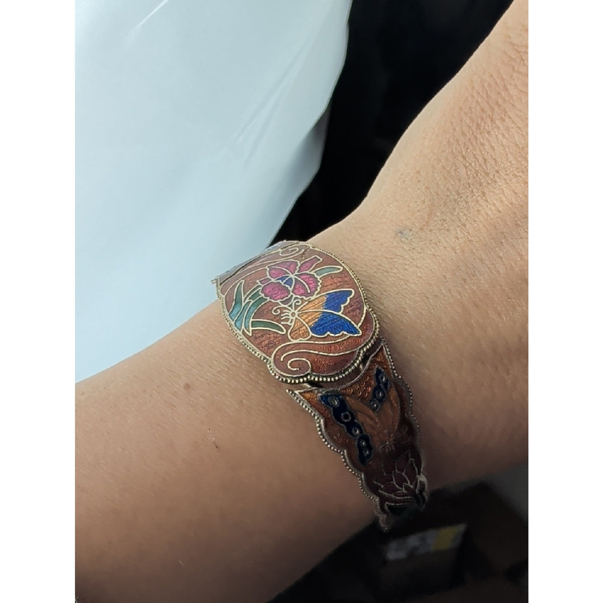 Vintage Cloisonné Style Orchid Tassel Necklace With Hinge Cuff Bracelet