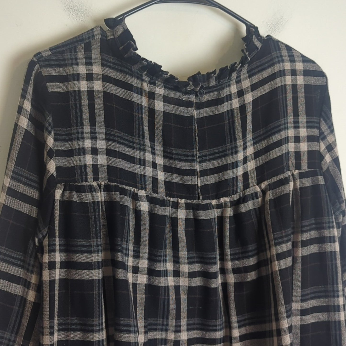 Plaid Babydoll Pop-Over Top Smocked Lightweight Swing Top-Black Women's Medium