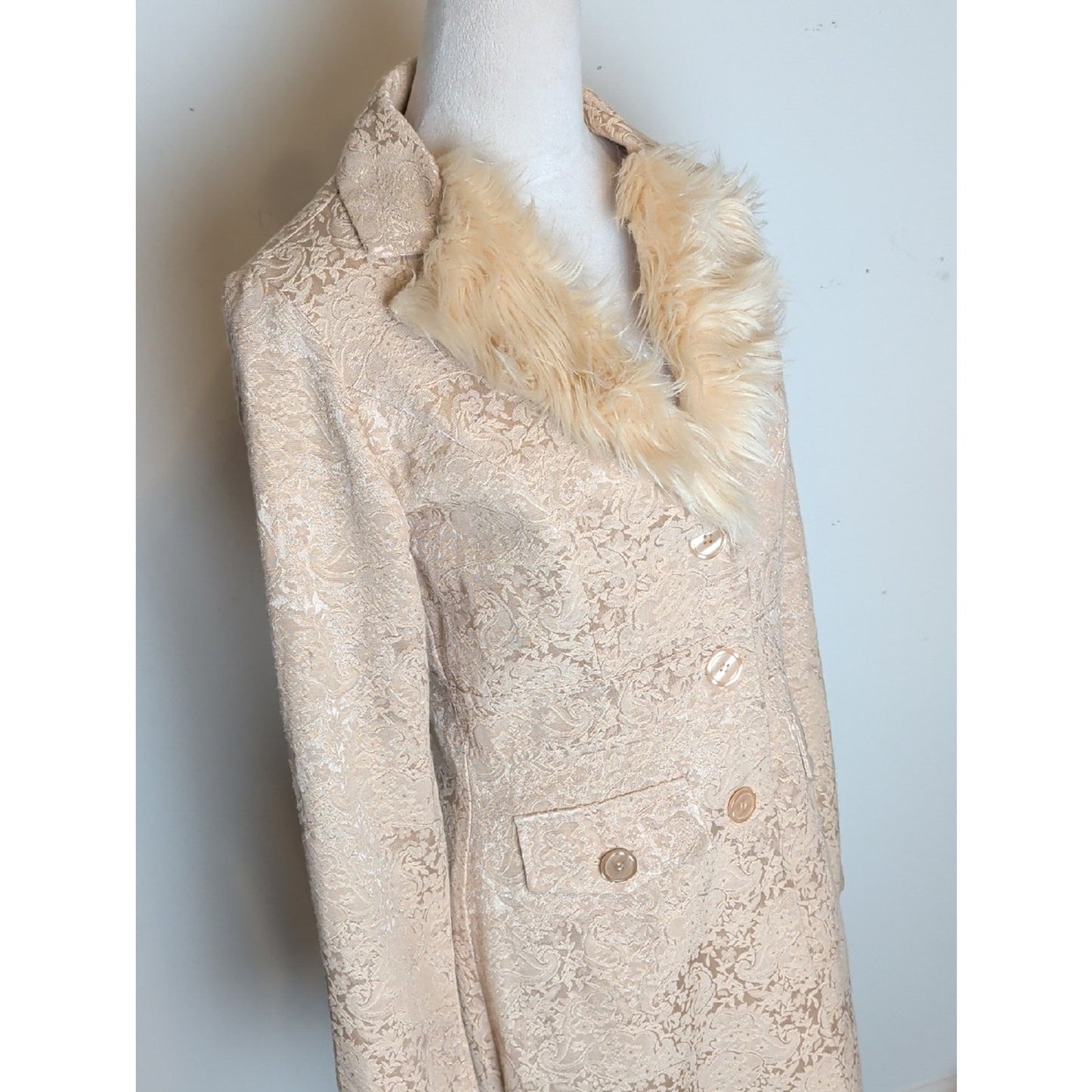 Y2K Cream Brocade Faux Fur Coat  Coquette McBling Holiday Glam Jacket