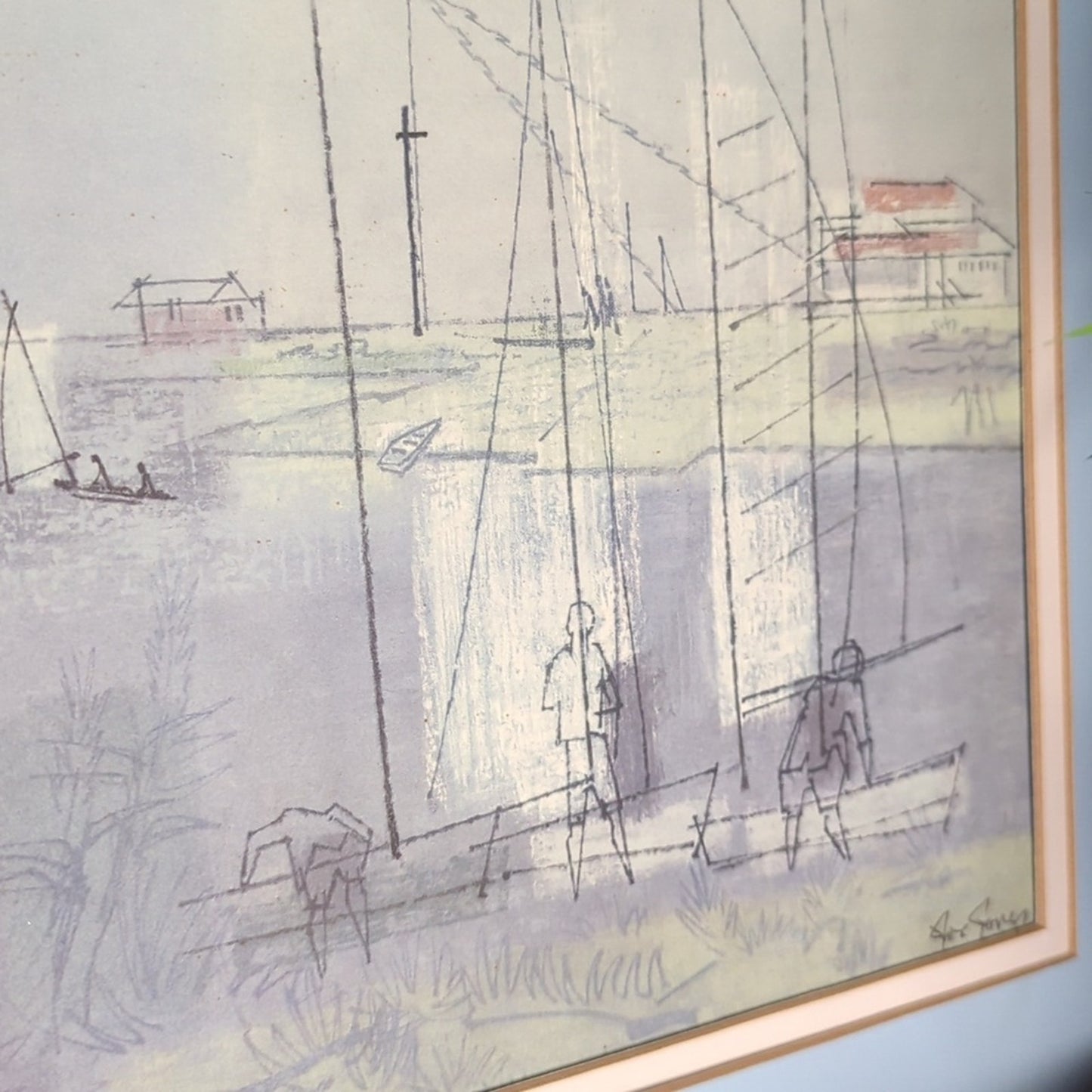 Vintage 70's Joe Jones “Setting Sail” Coastal Harbor Art Printed In Holland