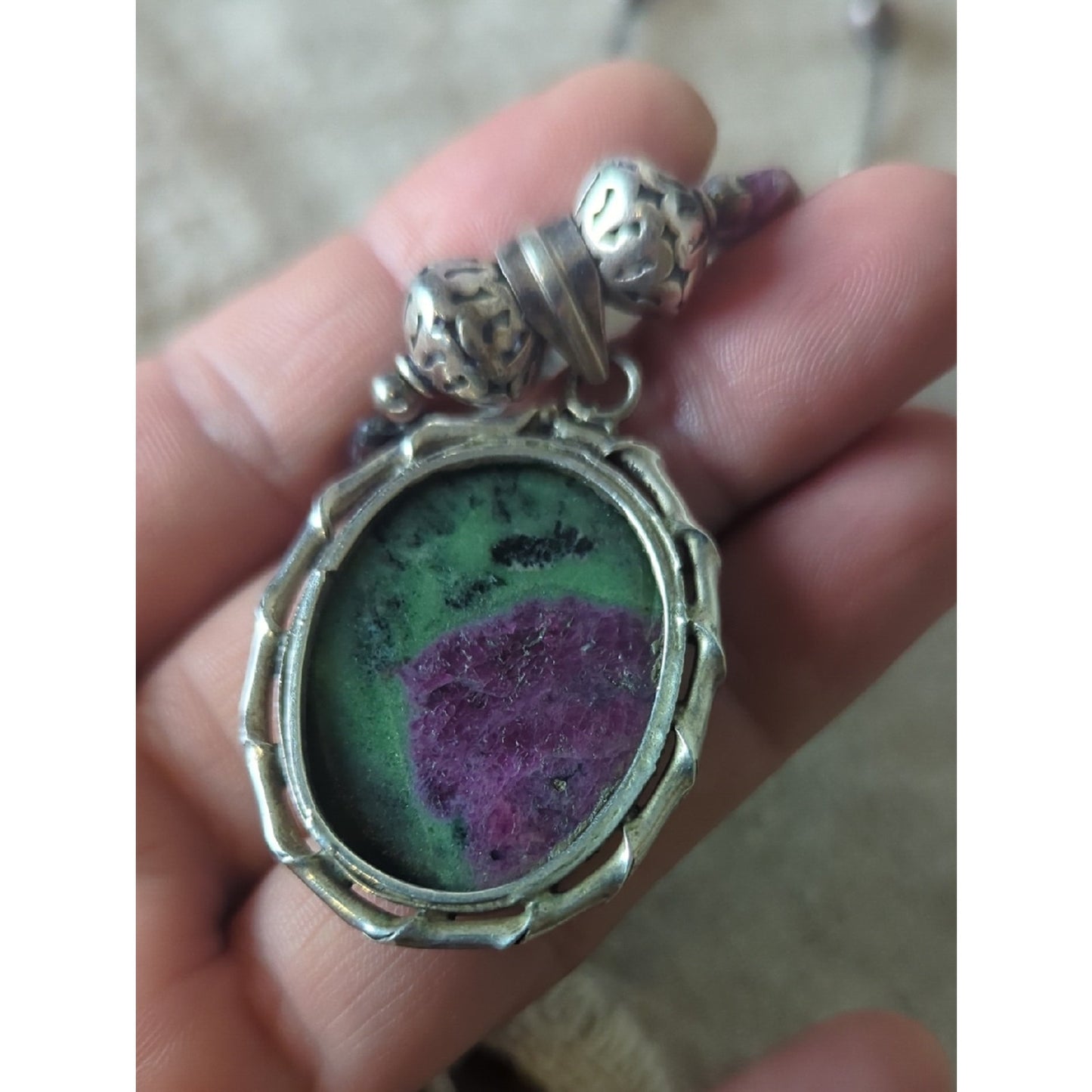 Sterling Silver Ruby Zoisite Statement Necklace, Artisan Gemstone Pendant