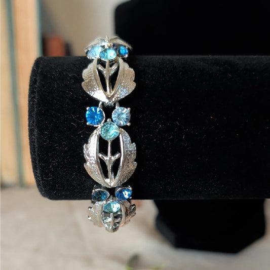 Vintage Coro Blue Rhinestone Leaf Bracelet Silver Tone Mid Century Glam Jewelry