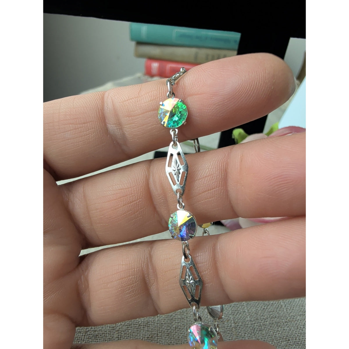 Vintage Mid-Century Sterling Silver Filigree Bracelet Aurora Borealis Crystals