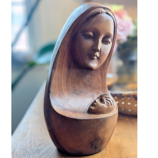 Hand-Carved Wooden Mother & Child Sculpture – Vintage Religious Art – Solid Wood Figurine – Spiritual Home Decor