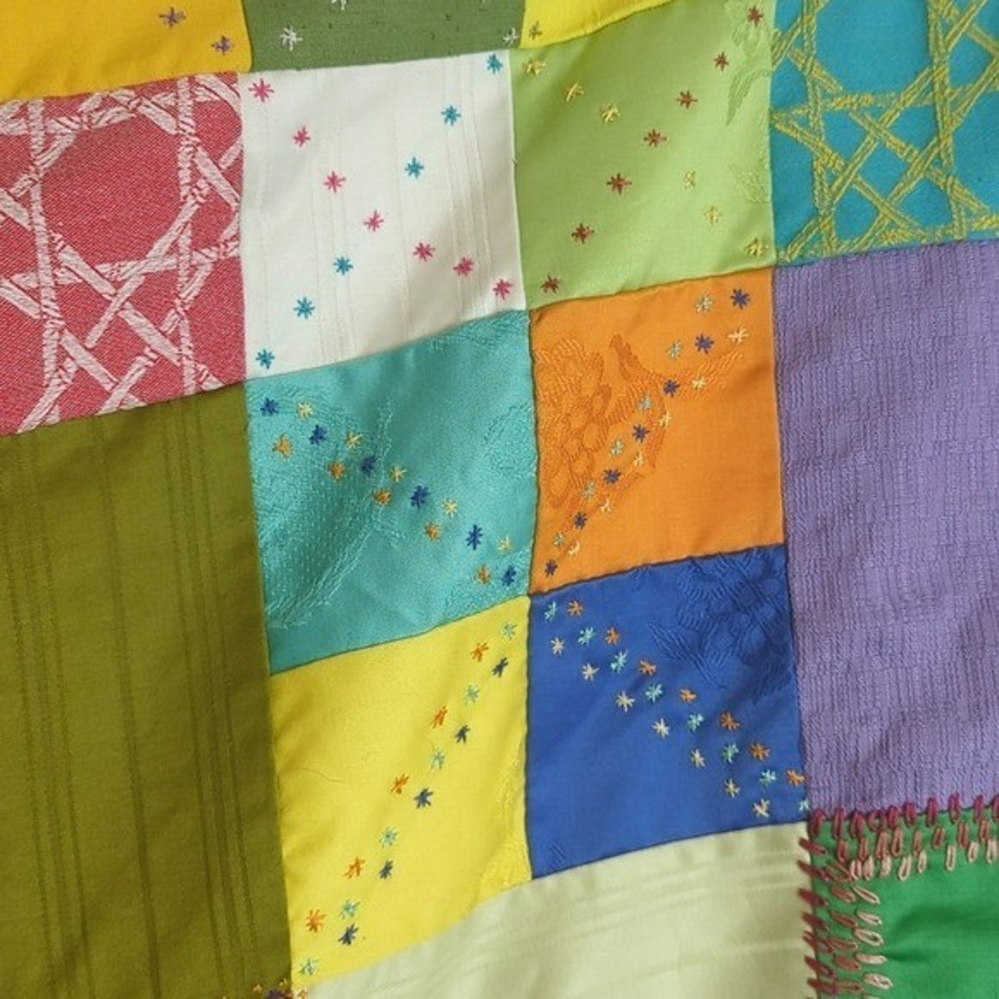 Crazy Quilt Large Rare Vintage Patchwork Quilt Embroidered Gold Satin Back 58x88