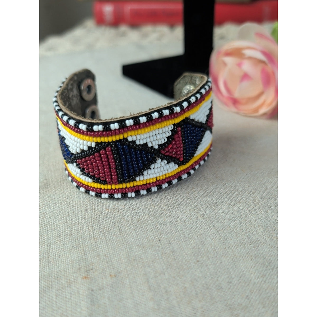Southwestern Beaded Leather Cuff Bracelet Aztec Style Geometric Pattern