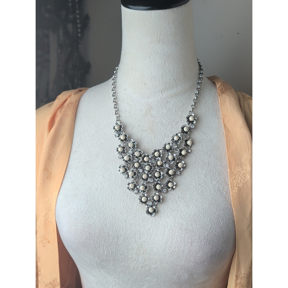 Victorian Style Floral Bib Necklace Antique Silver Tone Rhinestone Dark Romantic