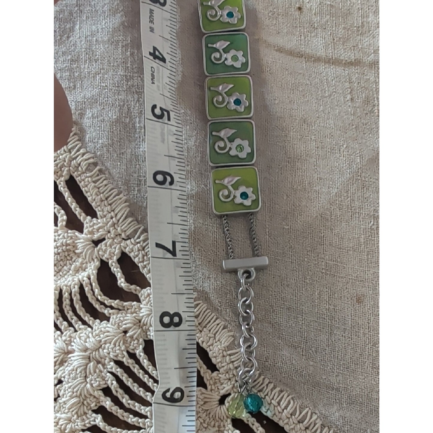 Vintage Bob Mackie Enamel Flower Bracelet Green Silver Tone
