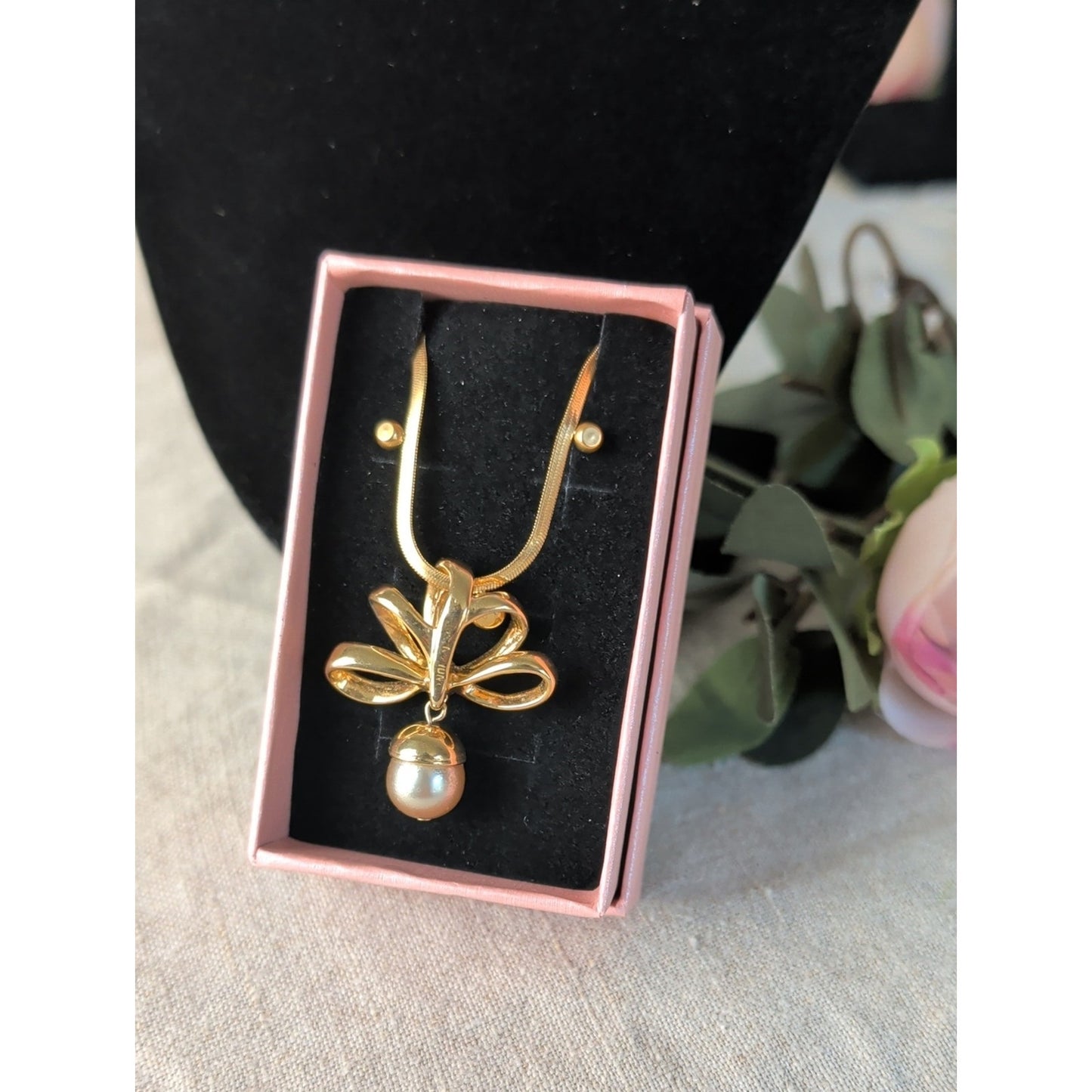 Vintage 1990s Nolan Miller Gold Tone Bow Necklace Faux Pearl Drop CZ Snake Chain