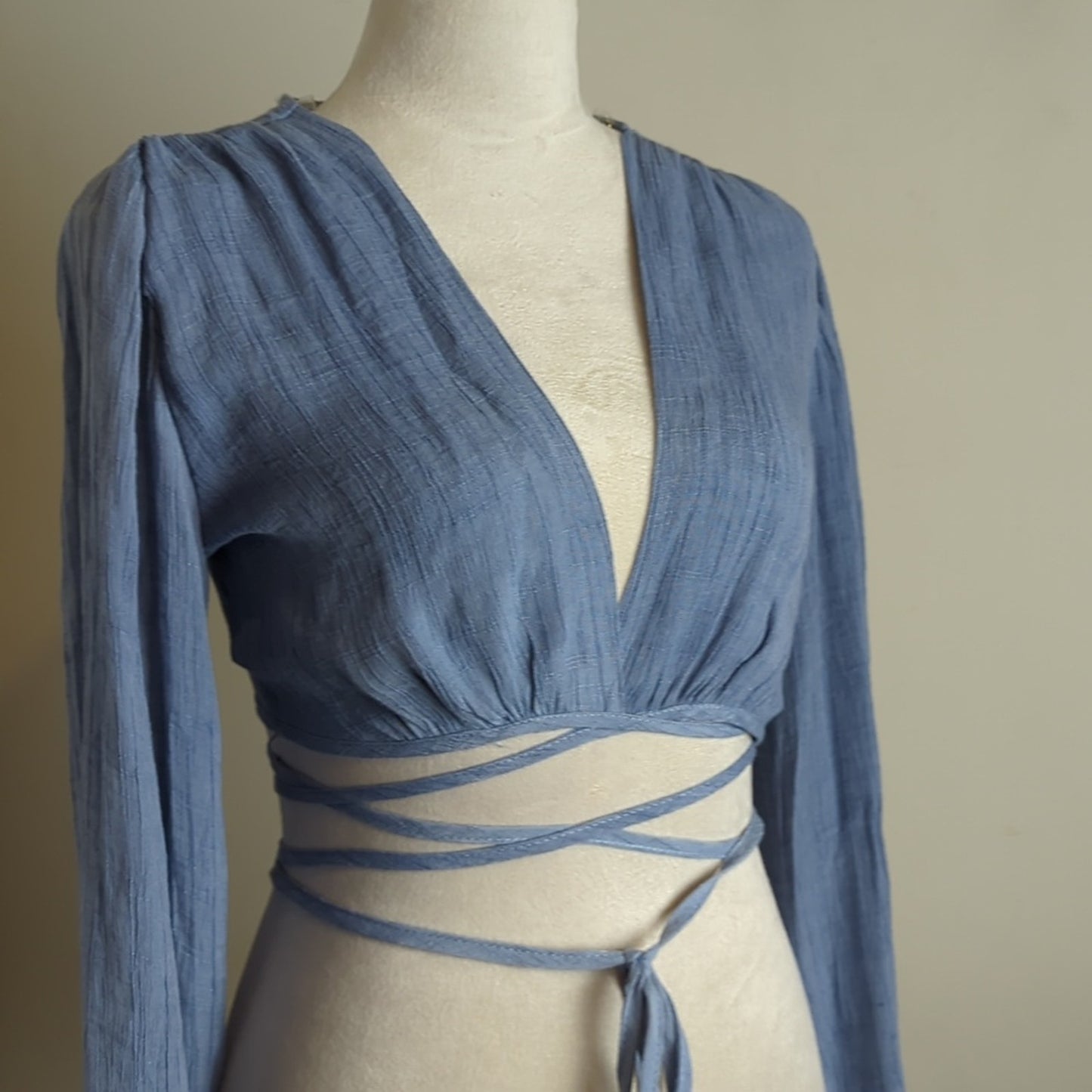 Festival Long Balloon Sleeve Wrap Crop Top Gauzy Knit Women's Size S