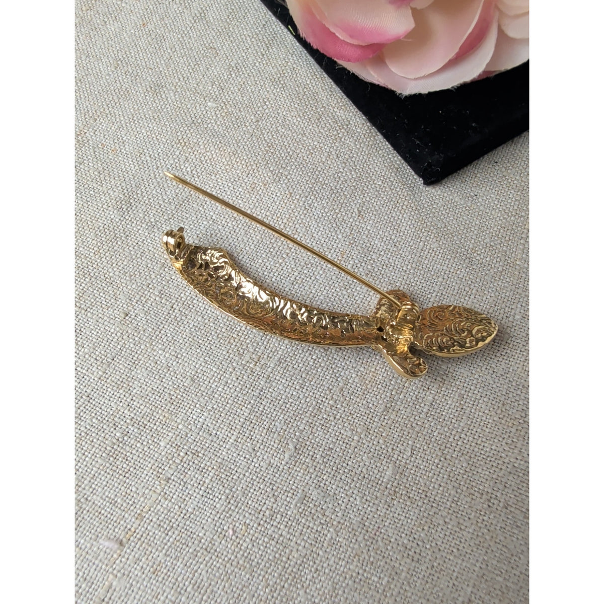 1928 Signed Sword Brooch Gold Tone Faux Pearl Filigree Vintage Style Jewelry