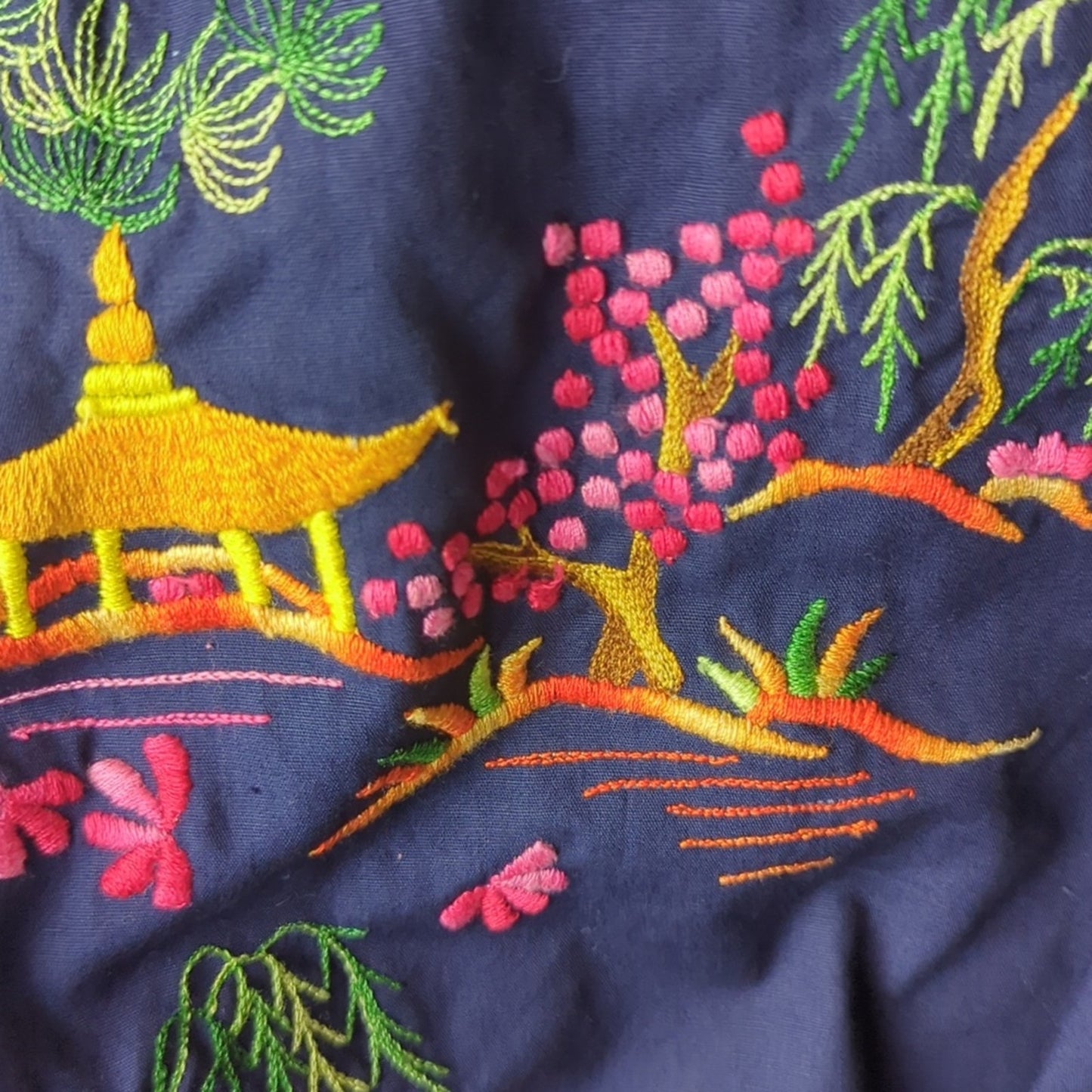 Vintage Japanese-Inspired Kimono Robe Navy Wrap Duster  Embroidered Pockets