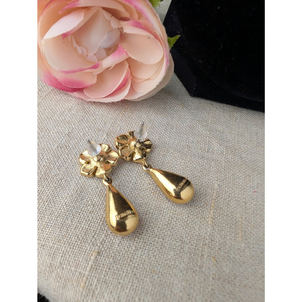 Vintage Trifari 1980s Pink Enamel and Rhinestone Floral Drop Pierced Earrings