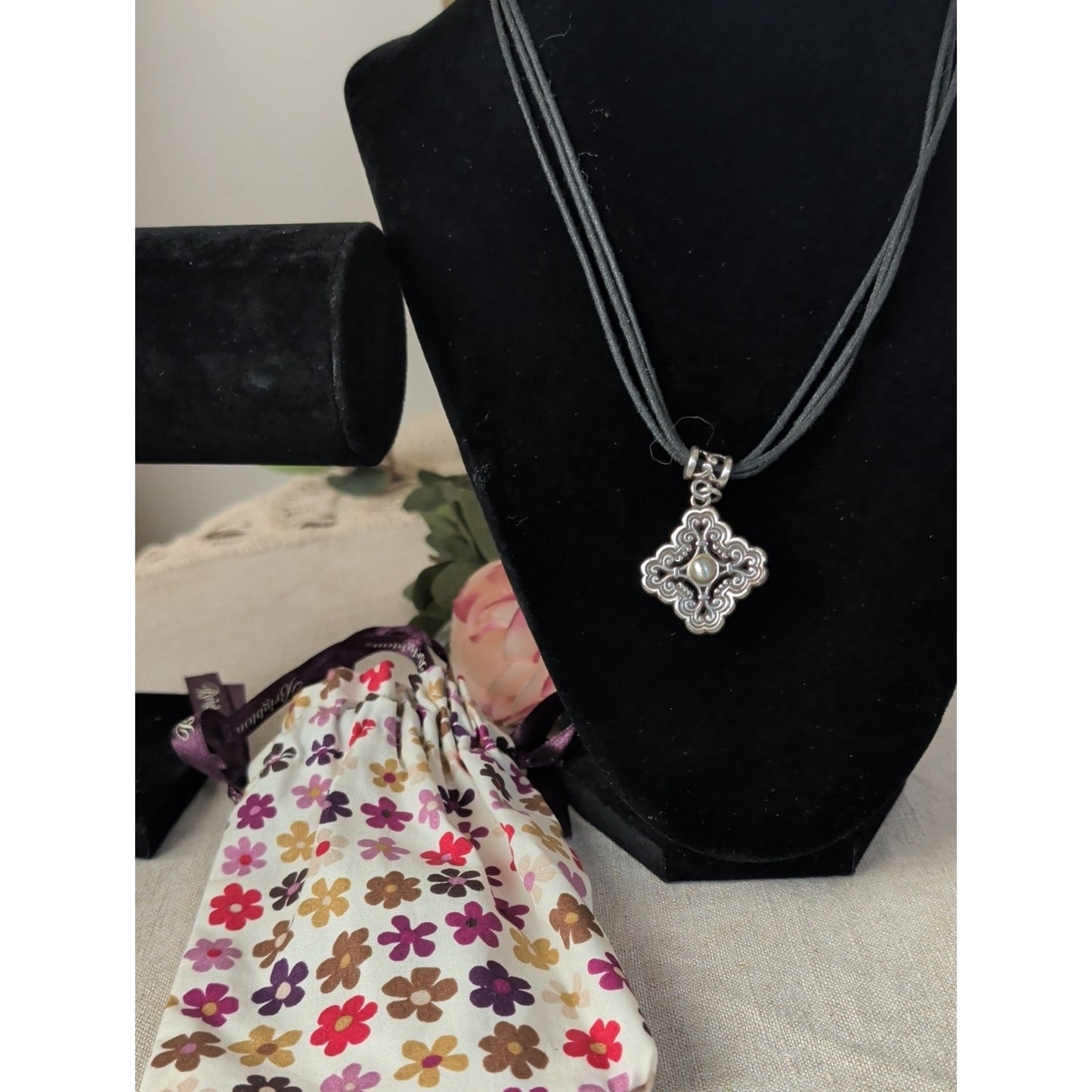 Brighton Silver Plated Scroll Pendant Black Cord Necklace + Floral Pouch