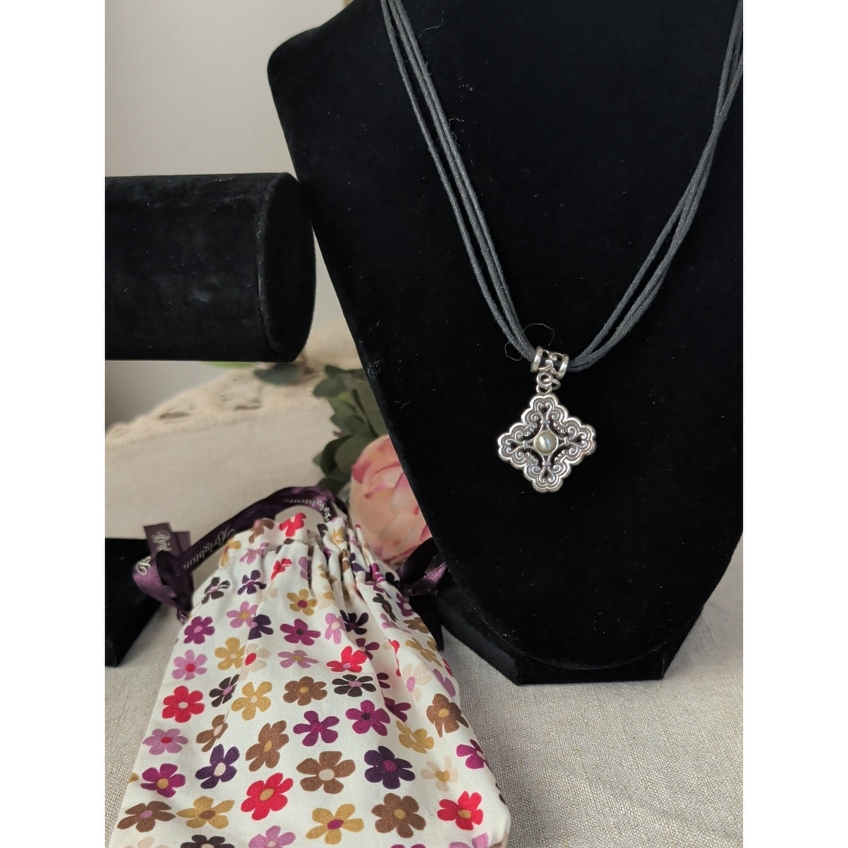 Brighton Silver Plated Scroll Pendant Black Cord Necklace + Floral Pouch