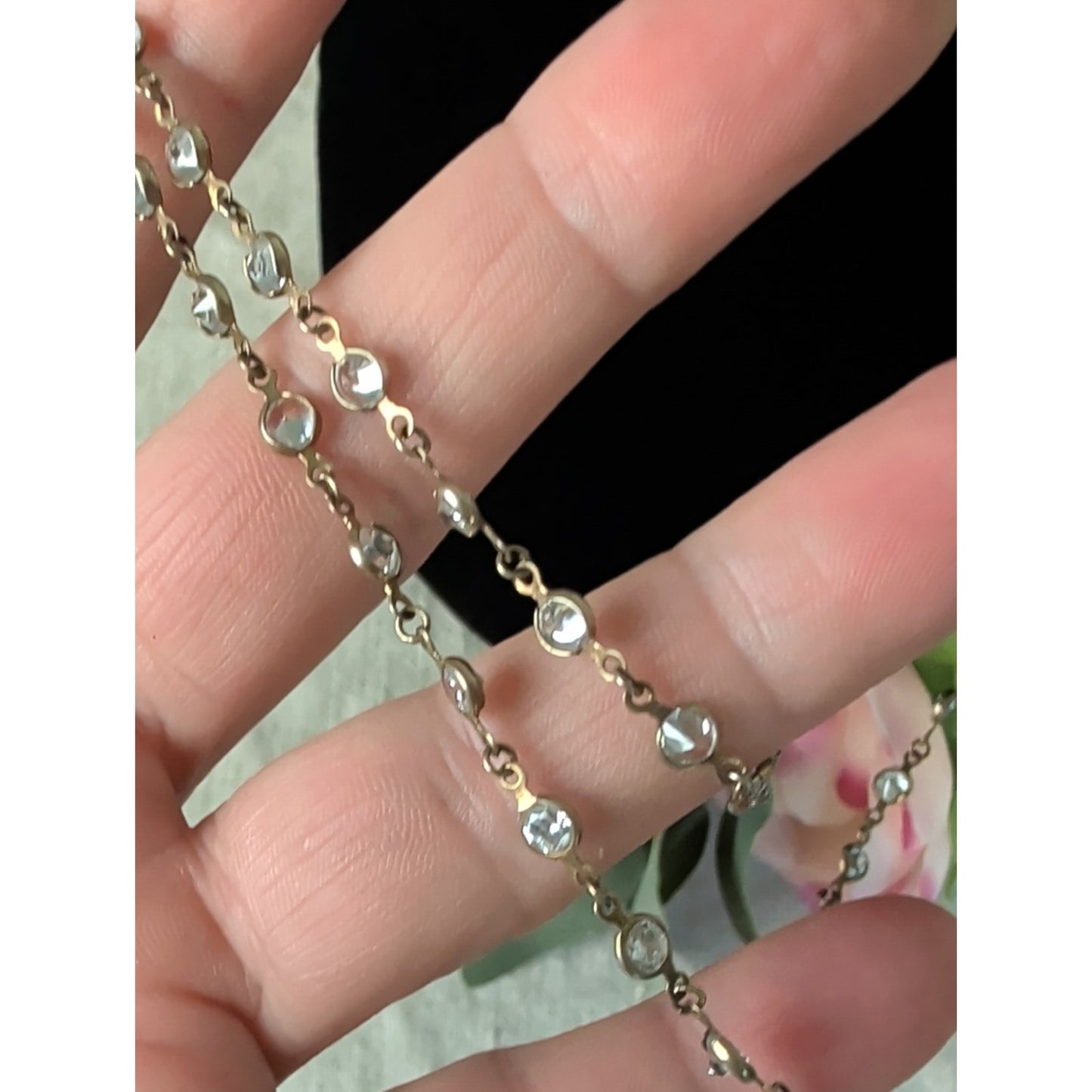 Alainn CZ Gold Tone Opera Necklace  Bezel Set Crystal Station Chain Layering