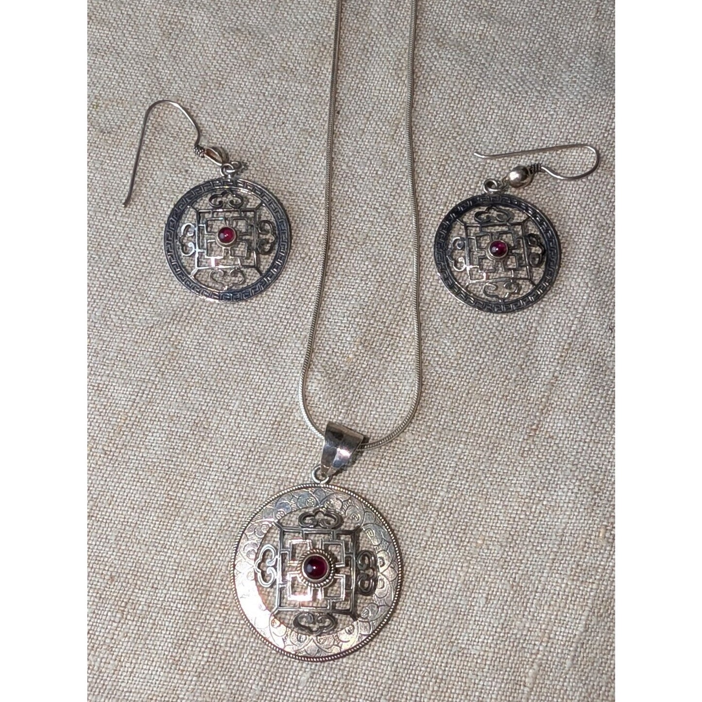 Sterling Silver 925 Tibetan Mandala Pendant Necklace & Earrings Set Red Cabochon
