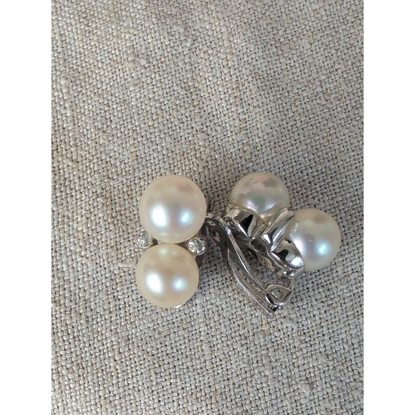 Vintage Panetta Double Faux Pearl Rhinestone Clip-On Earrings Signed