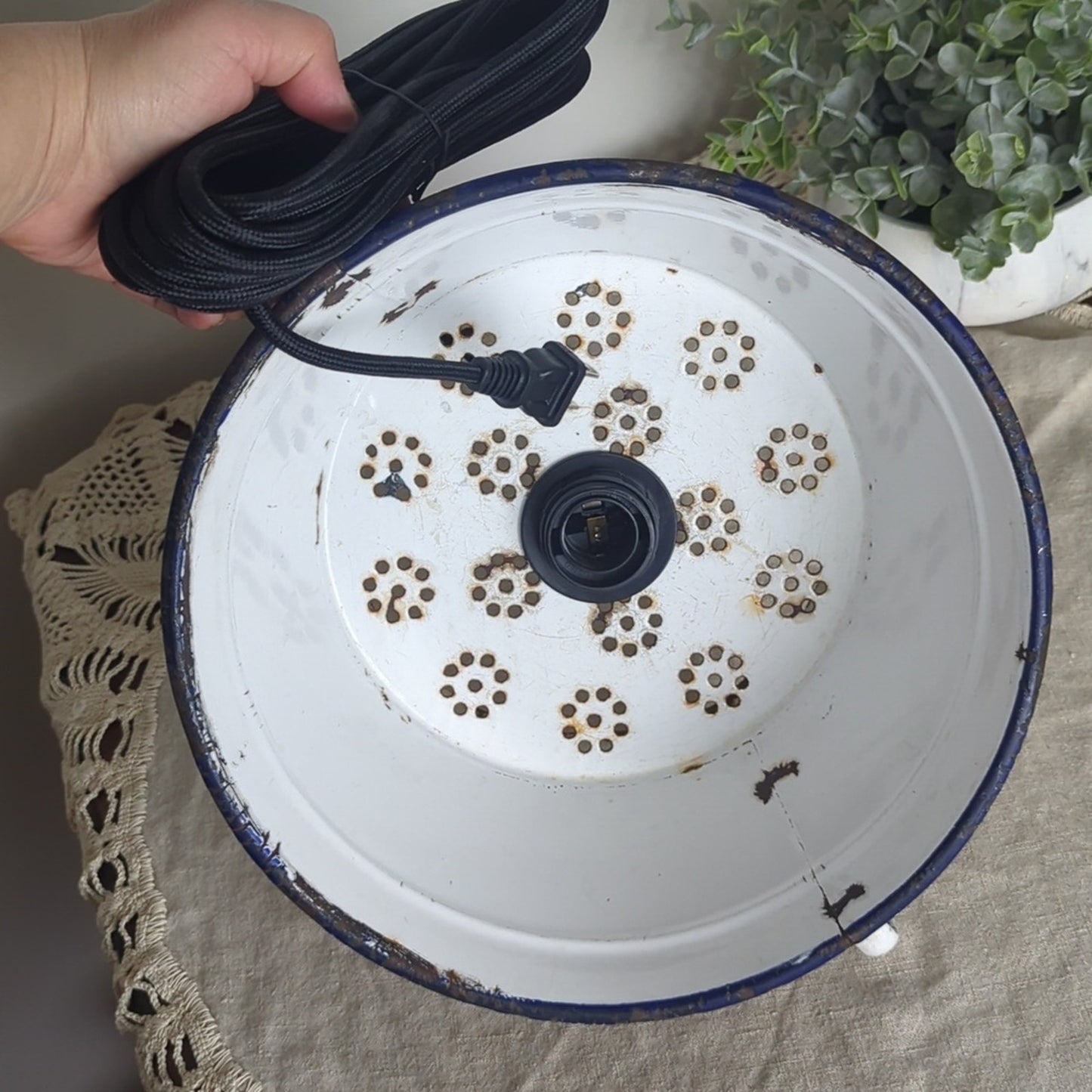 Vintage Enamel Colander Pendant Lamp Rustic Farmhouse Light w/ New Fixture