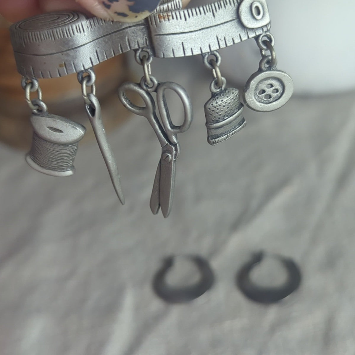 Vintage Sewing Motif Pin & Pewter Hoop Earrings Curated Maker Set