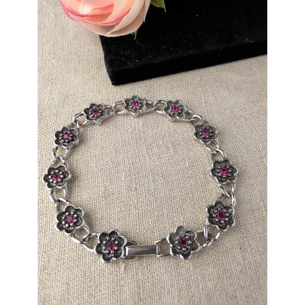 Avon Ornate Silver Tone Floral Bracelet Purple Glass Rhinestones