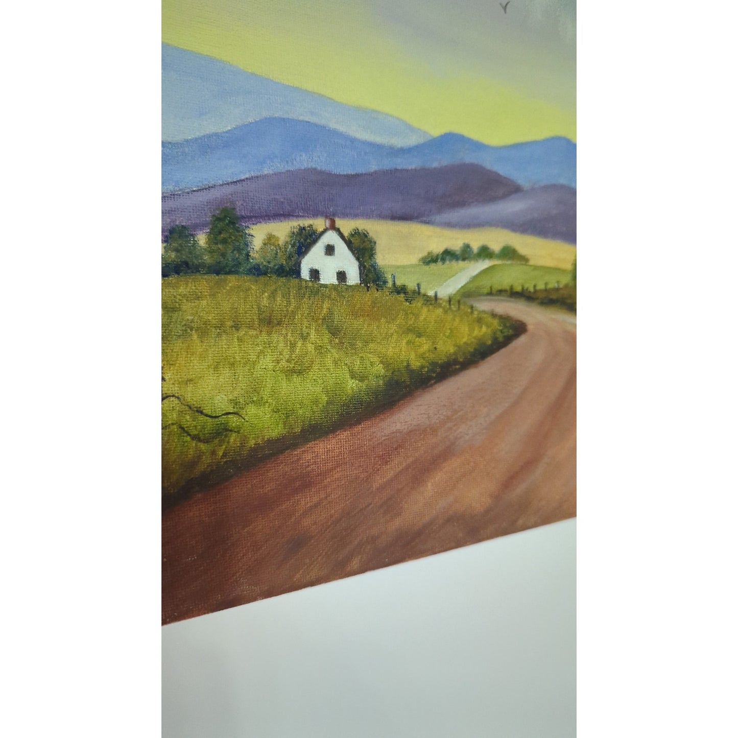 Original Folk Art Landscape Painting Signed J. Hall – Country Road Farmhouse Cottage Art on Canvas