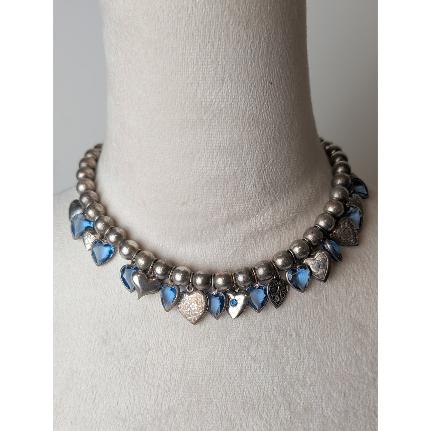 Vintage Artisan Heart Charm Necklace Sterling Accent Blue Faceted Glass