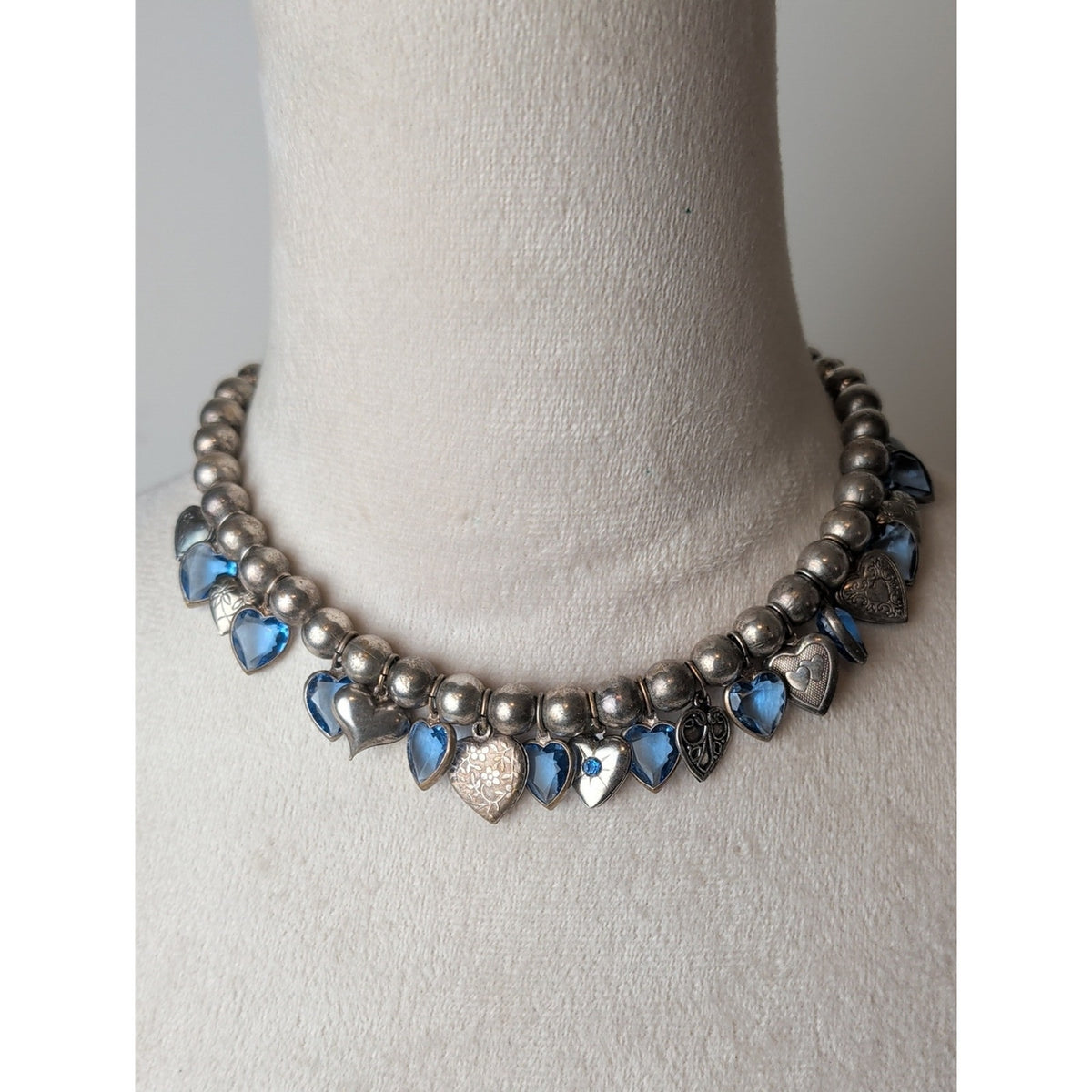 Vintage Artisan Heart Charm Necklace Sterling Accent Blue Faceted Glass