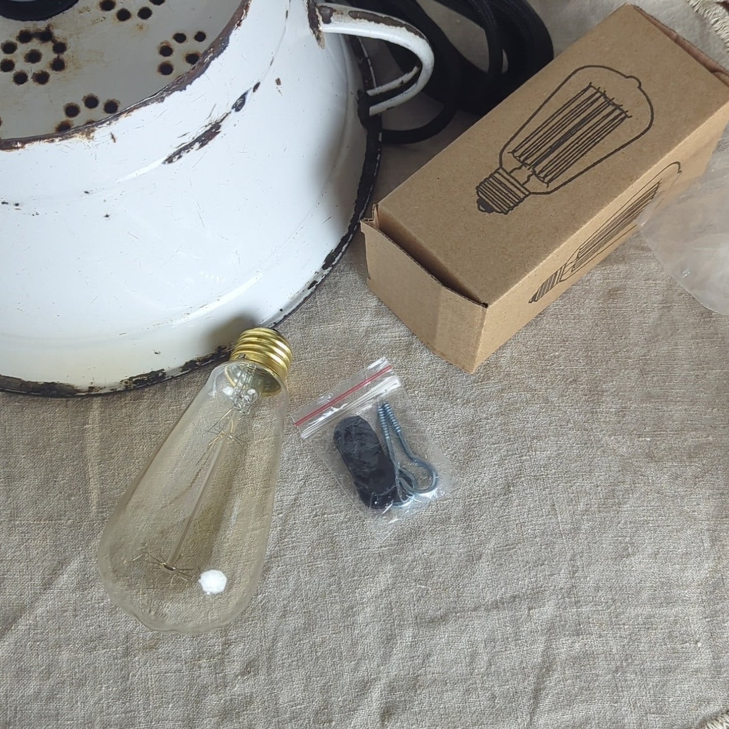 Vintage Enamel Colander Pendant Lamp Rustic Farmhouse Light w/ New Fixture