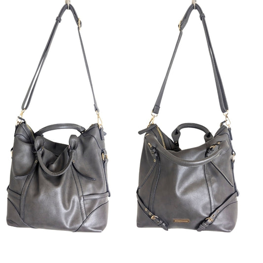 Vegan Leather Shoulder Hobo Bag Tote Charcoal Grey Animal Print Interior