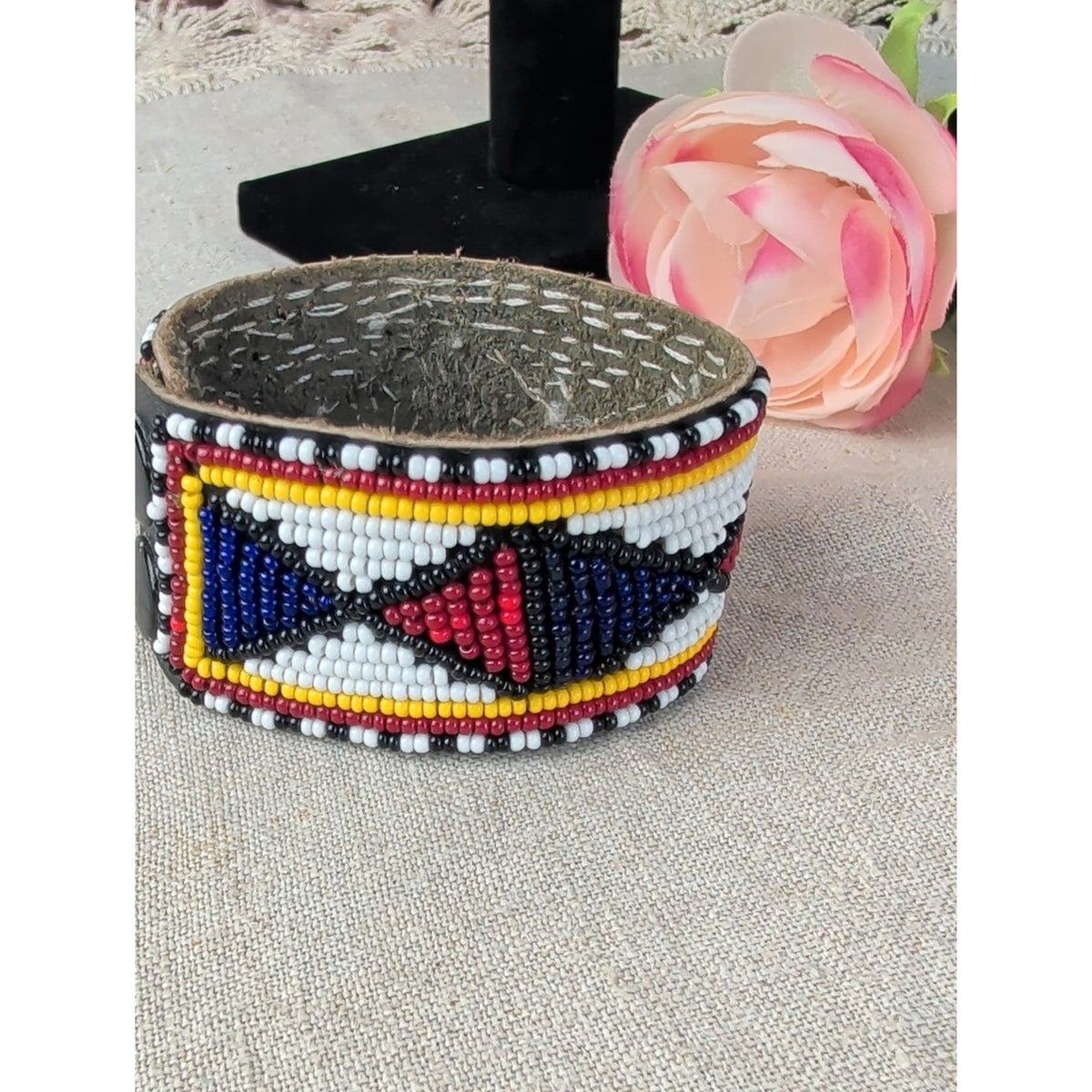 Southwestern Beaded Leather Cuff Bracelet Aztec Style Geometric Pattern