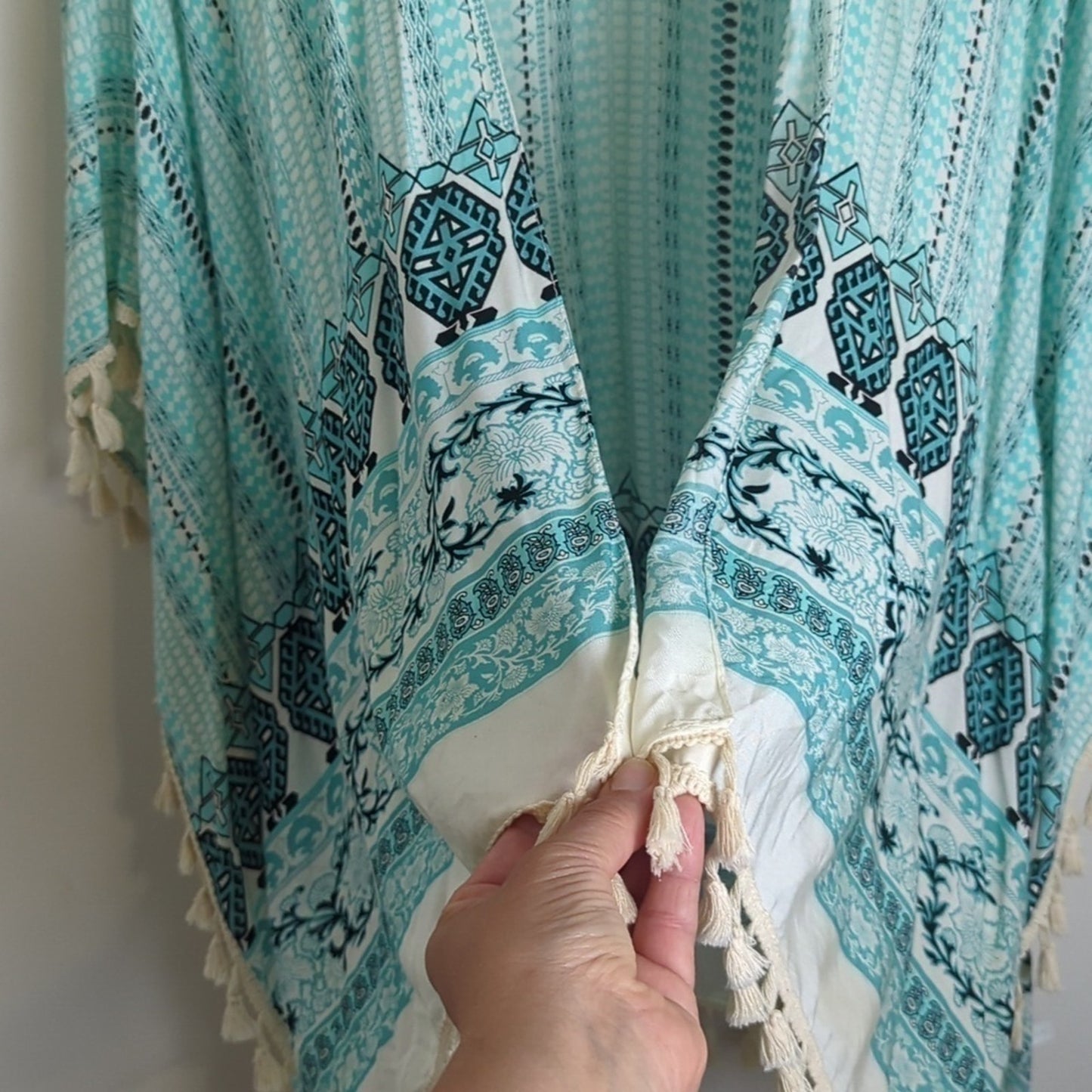 Beachy Aztec Turquoise  Open Front Cardigan Tassels One Size Women's