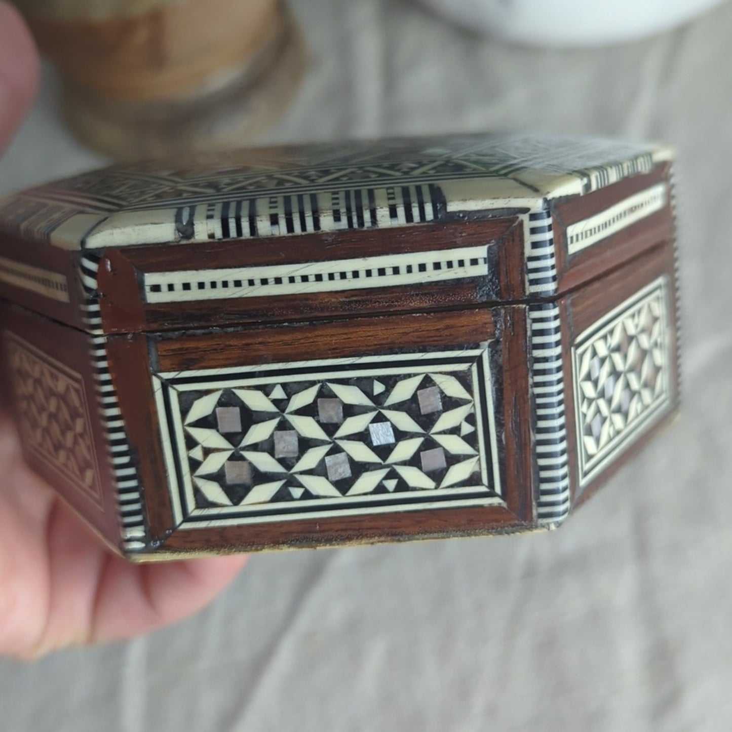 Vintage Damascus Mosaic Jewelry Box, Syrian Mother of Pearl Inlay Trinket Box