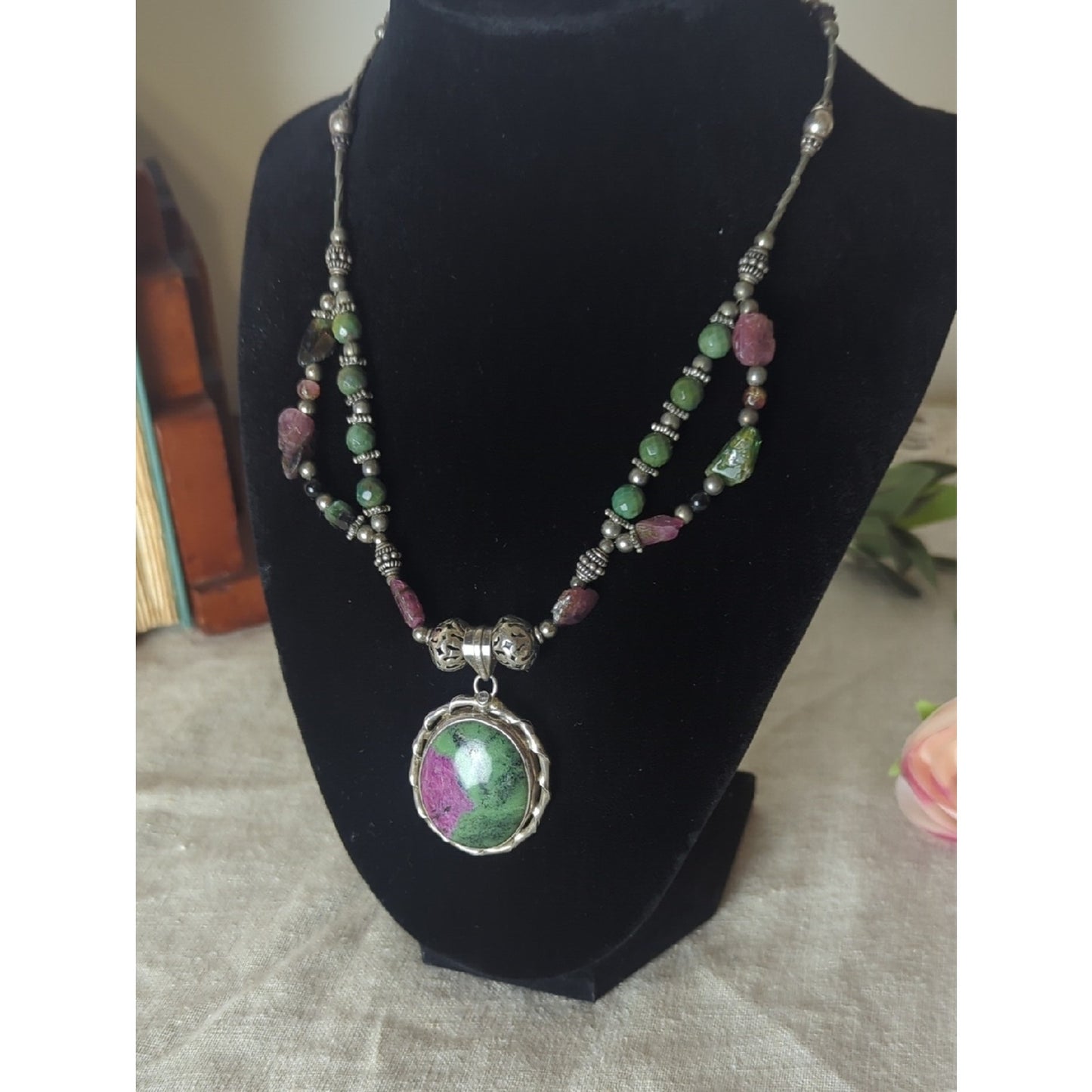 Sterling Silver Ruby Zoisite Statement Necklace, Artisan Gemstone Pendant