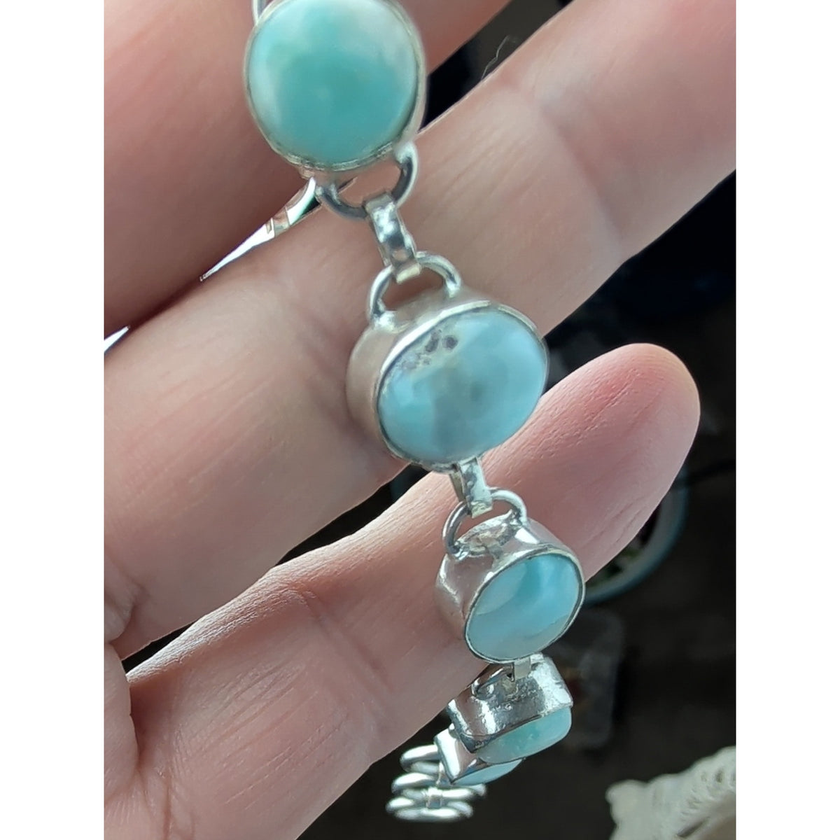 Vintage 925 Sterling Silver Blue Larimar Cabochon Bracelet Ornate Toggle