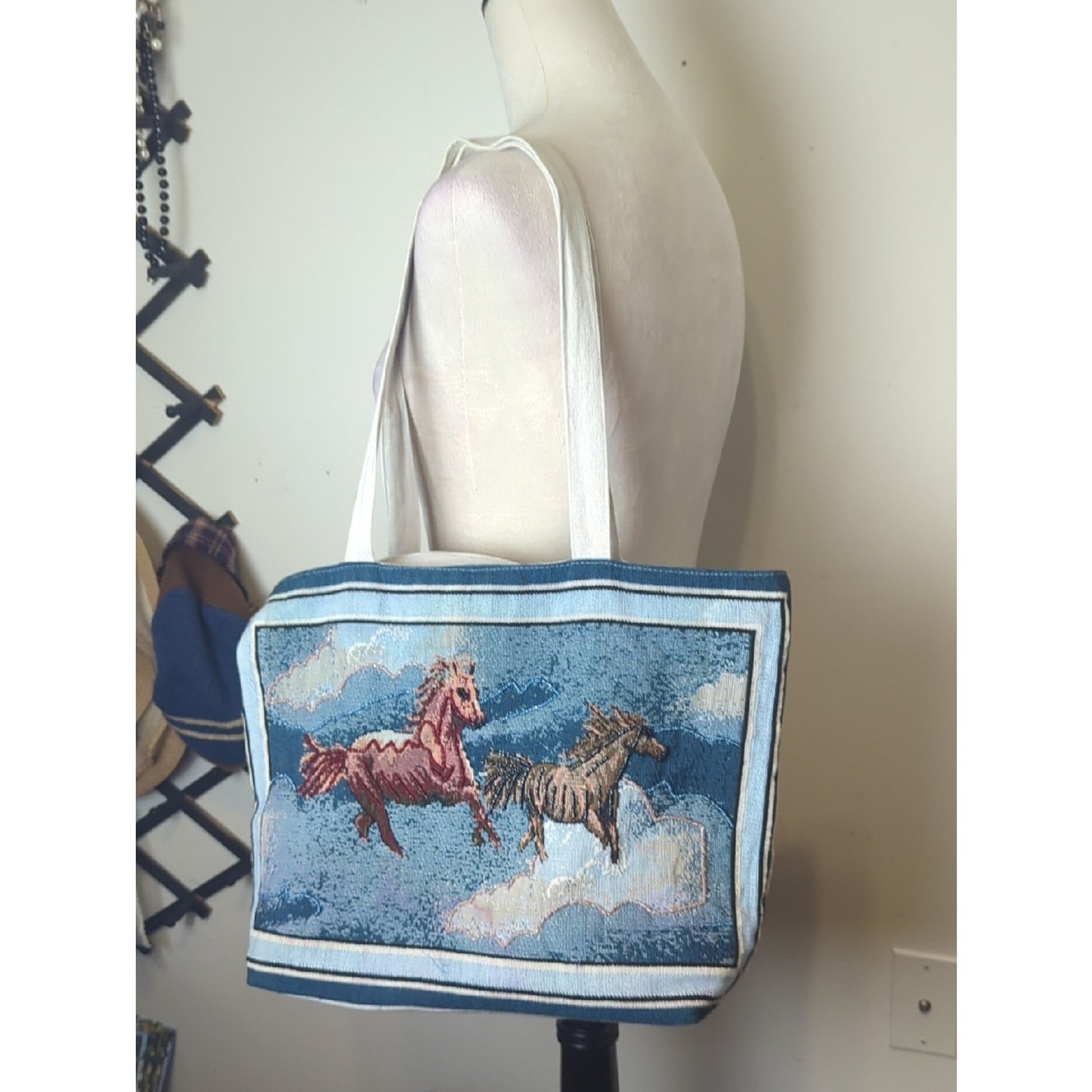 Vintage Horse Tapestry Tote Bag  Woven Equestrian Scene With Clover Tote Charm