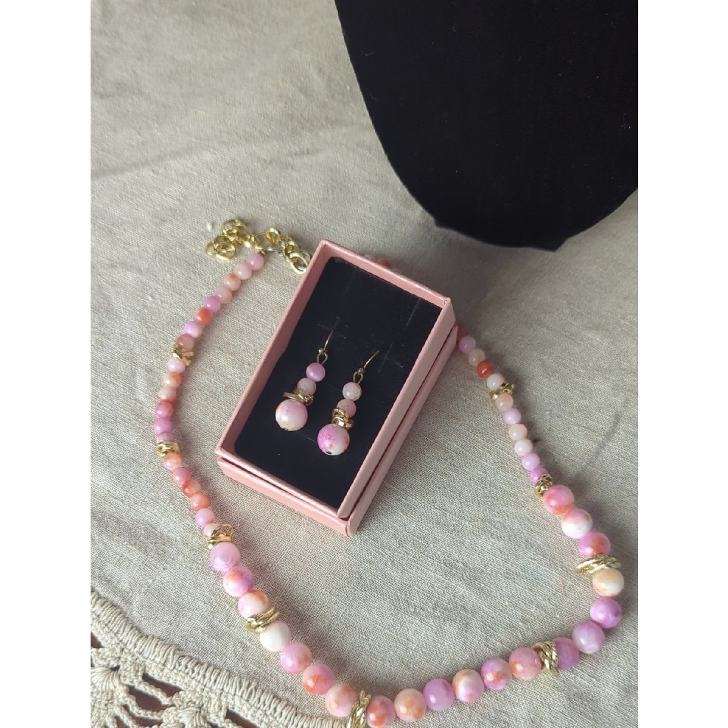 Vintage Pink Marbled Glass Bead Necklace Set Gold Accent Soft Glam Coquette Girl