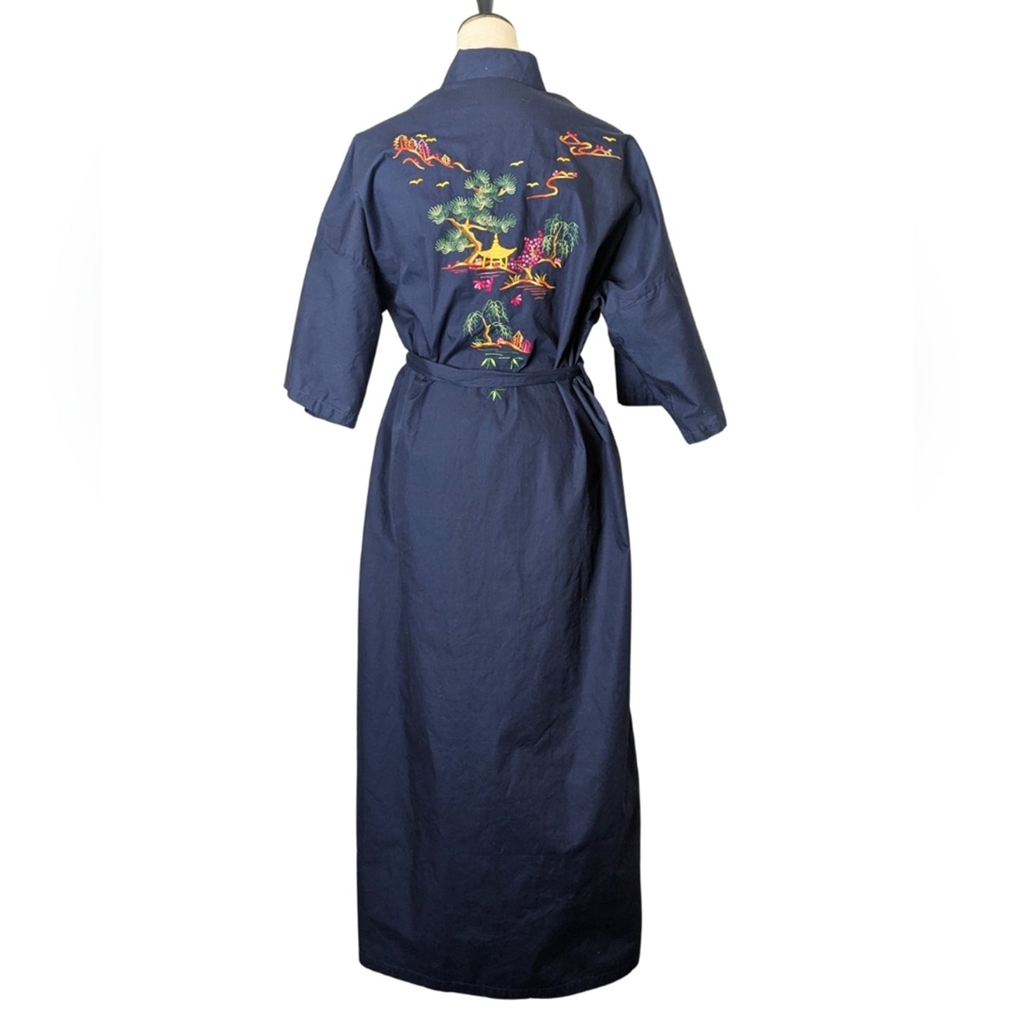 Vintage Japanese-Inspired Kimono Robe Navy Wrap Duster  Embroidered Pockets