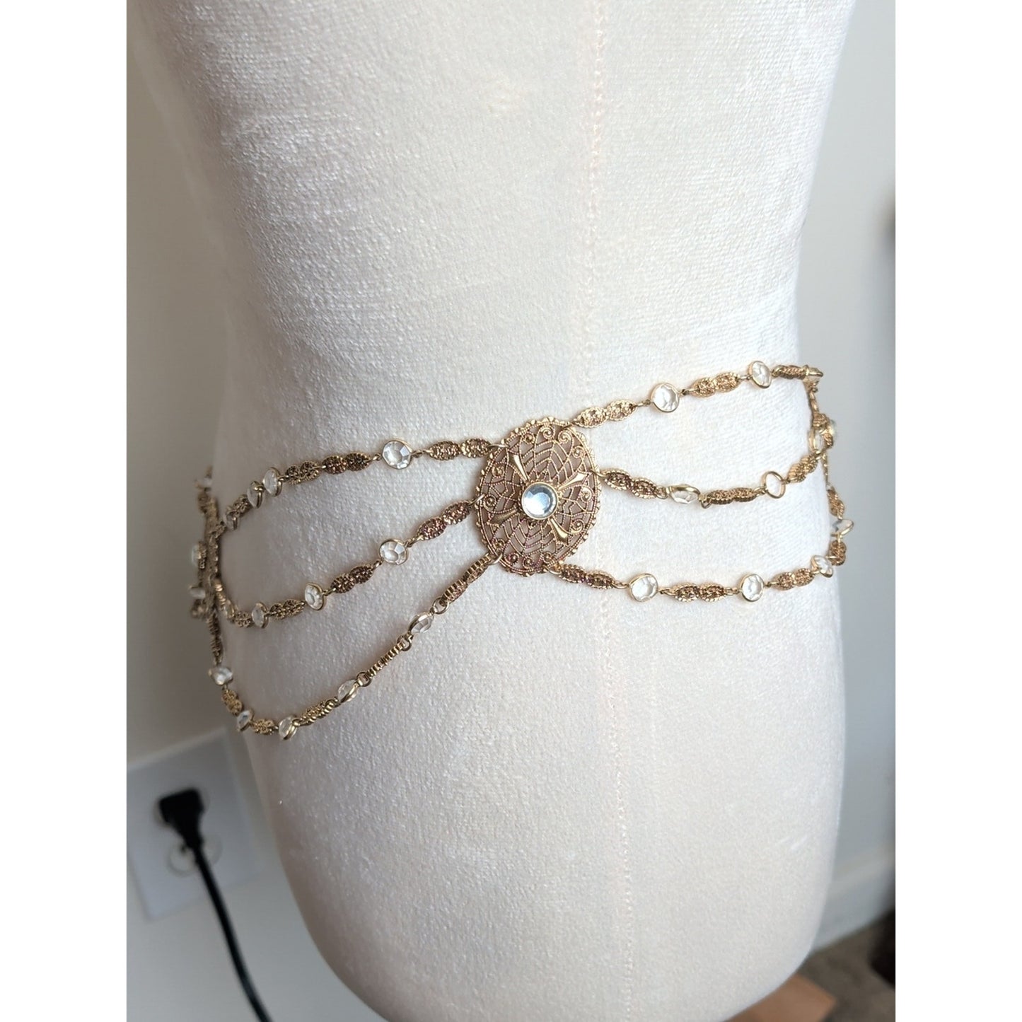 Boho Gold Tone Filigree Crystal Waist Belt Layered Chain Festival Fairycore
