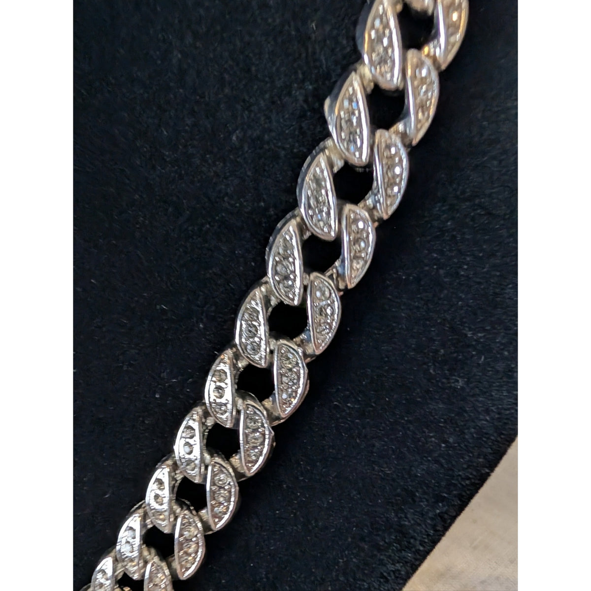 Y2K Rhinestone Cuban Link Necklace  Silver Tone Glam Chain  Pavé Crystal Detail