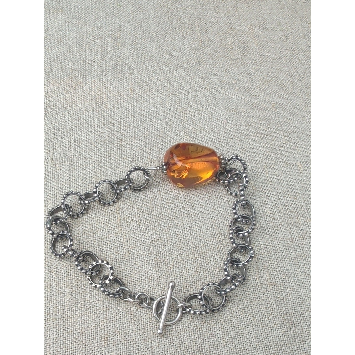 Dreamy 925 Sterling Silver Amber Bracelet Cognac Artisan Statement Jewelry 7"