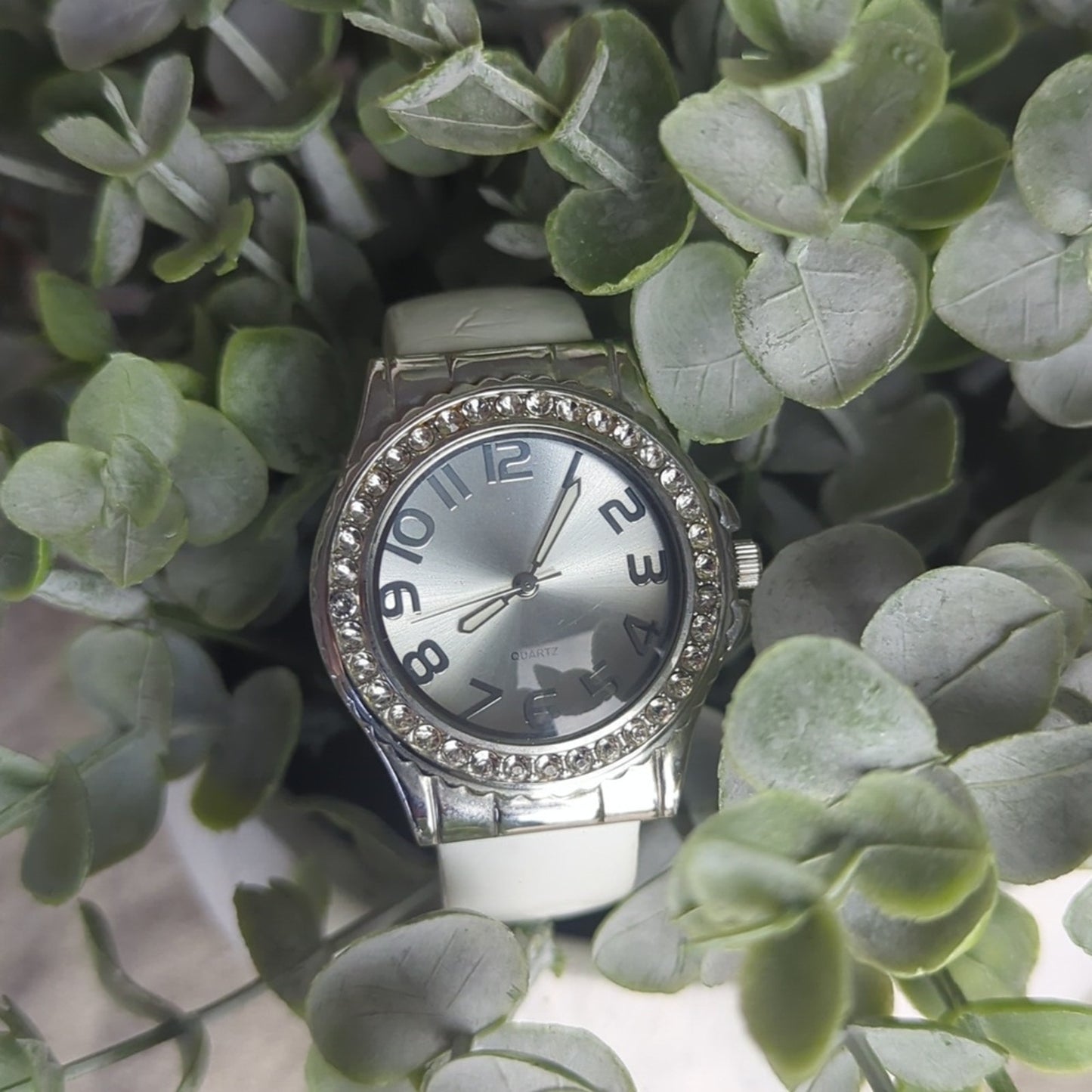 White Cuff Watch Rhinestone Bezel Statement Watch Oversized Face Fashion Watch
