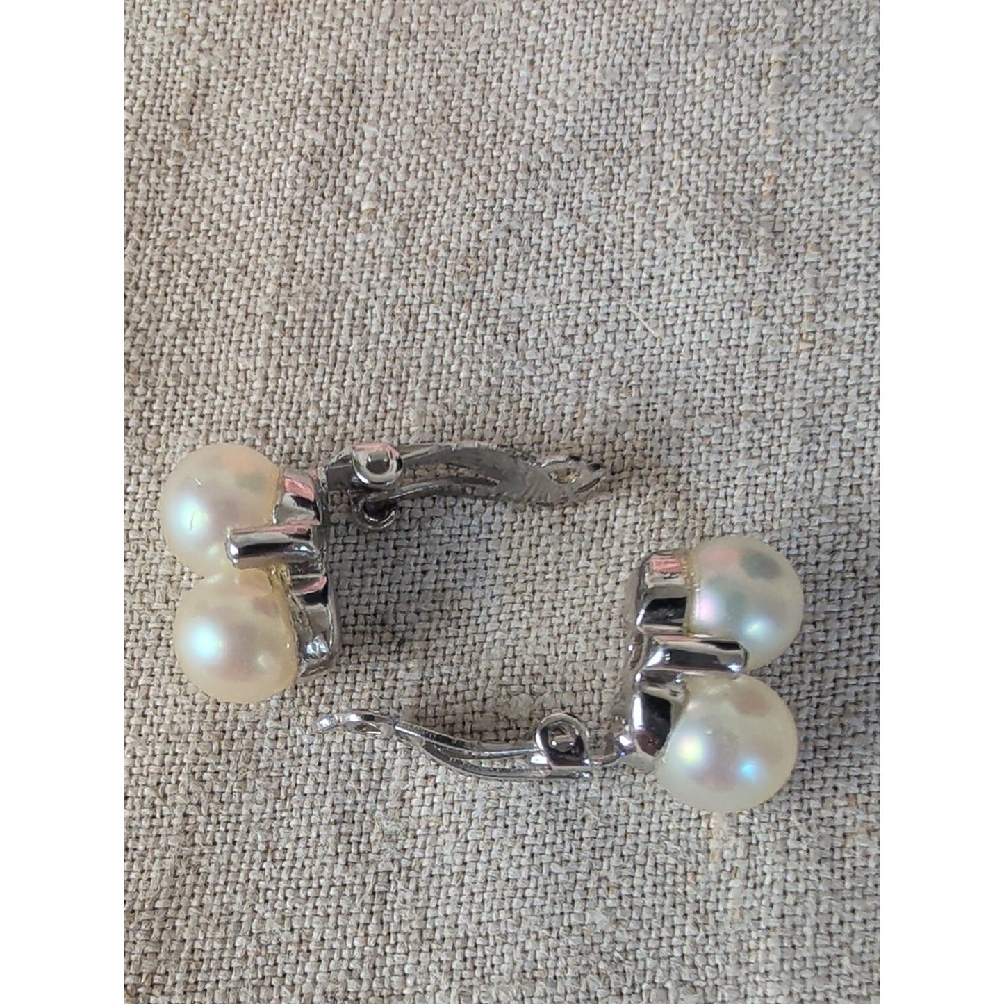 Vintage Panetta Double Faux Pearl Rhinestone Clip-On Earrings Signed